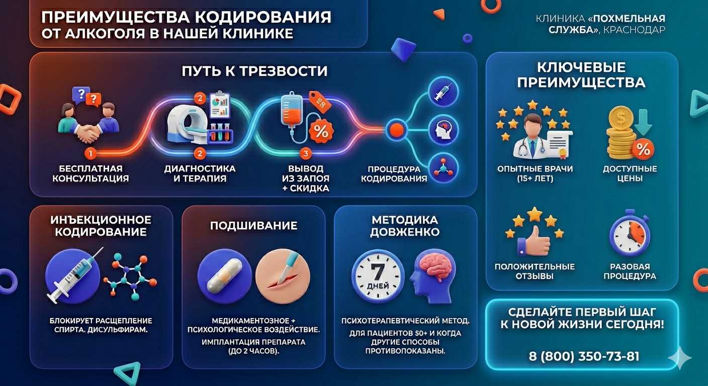 Инфографика о методах кодирования от алкоголя в Гуляйполе: инъекции, подшивание, метод Довженко. Преимущества клиники и этапы лечения.