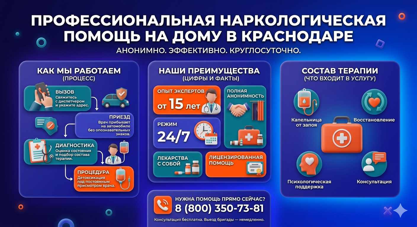 Инфографика о принципах лечения алкоголизма на дому в Гуляйполе: этапы вызова нарколога, преимущества анонимной детоксикации и состав медицинской помощи.